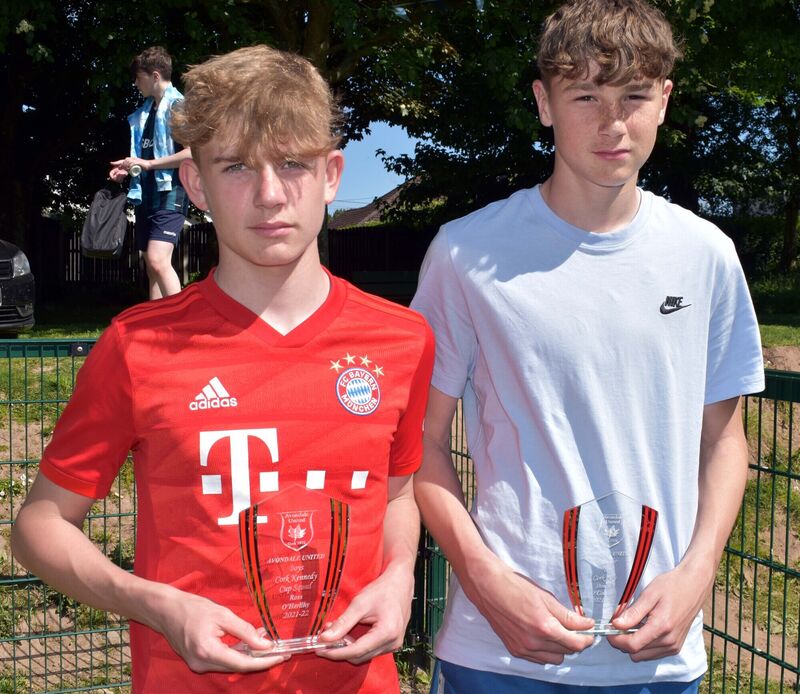 Ross O'Herlihy and Donal O'Connor received presentations from Avondale Utd in recognition of their selection on the Kennedy Cup panel. Picture: Mike English.