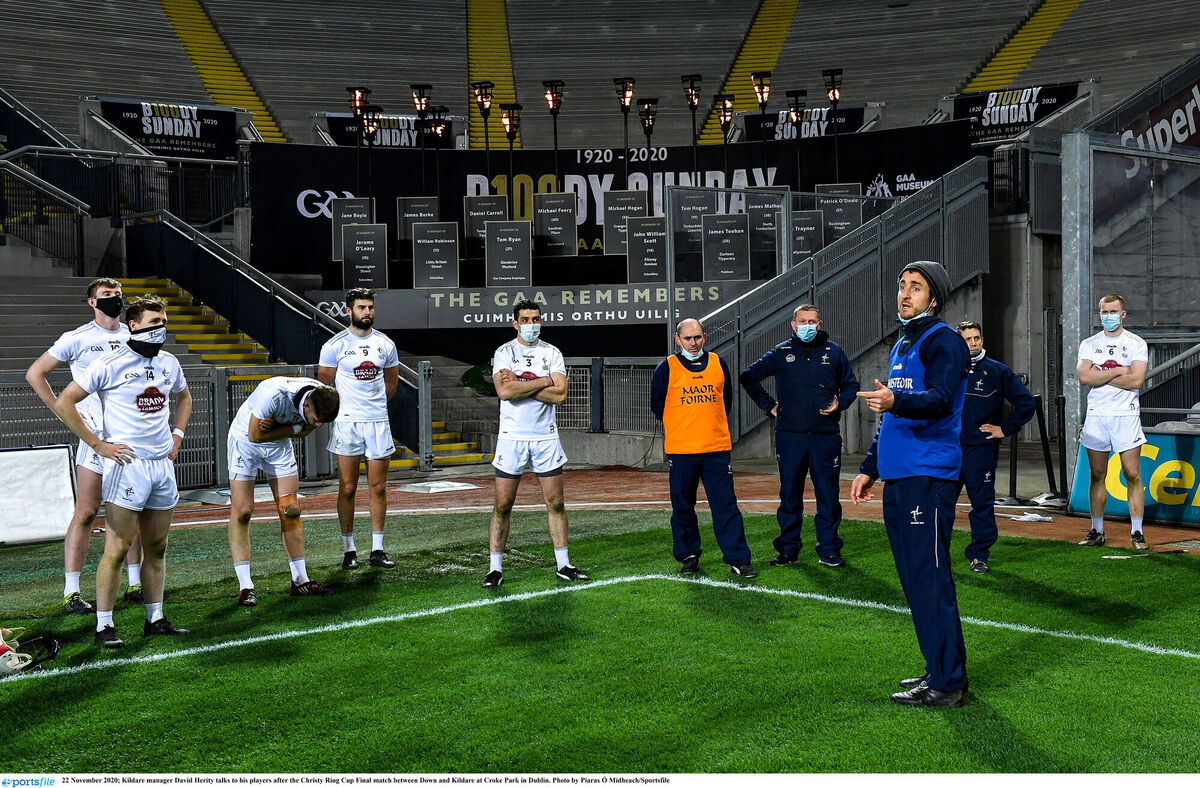 Kildare manager David Herity talks to his players after the Christy Ring Cup final against Down at Croke Park. Picture: Piaras Ó Mídheach/Sportsfile Kildare manager David Herity talks to his players after the Christy Ring Cup final against Down at Croke Park. Picture: Piaras Ó Mídheach/Sportsfile