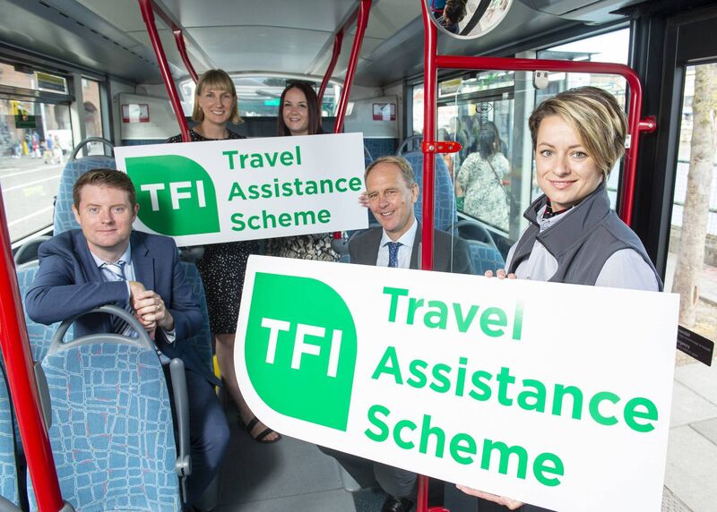  Pictured are John O'Flynn, NTA head of customer experience; Eleanor Liston, Bus Éireann travel assistant; Amy Collins Bus Éireann travel assistant; Allen Parker, Bus Éireann chief customer officer and Tunde Tamas, Bus Éireann driver. Photograph: Gerard McCarthy