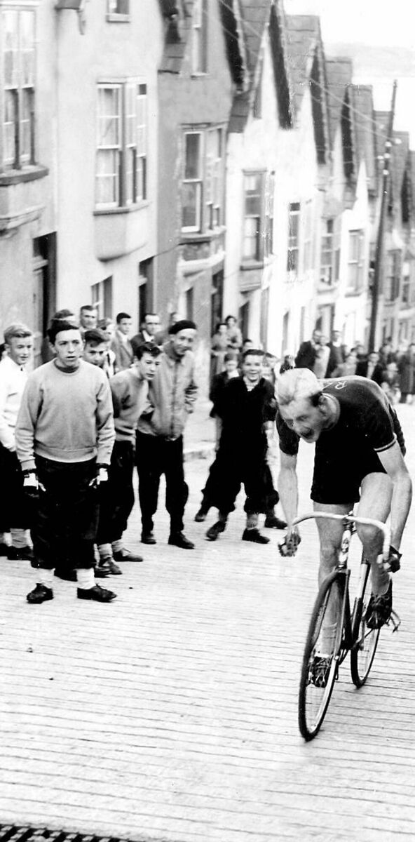 Finbarr Healy, of St Finbarr’s cycling club, a respected champion hill climber who twice set records for climbing St Patrick’s Hill in the city. Here he is setting a climbing record in Cobh. Picture courtesy of Paddy Sheehan