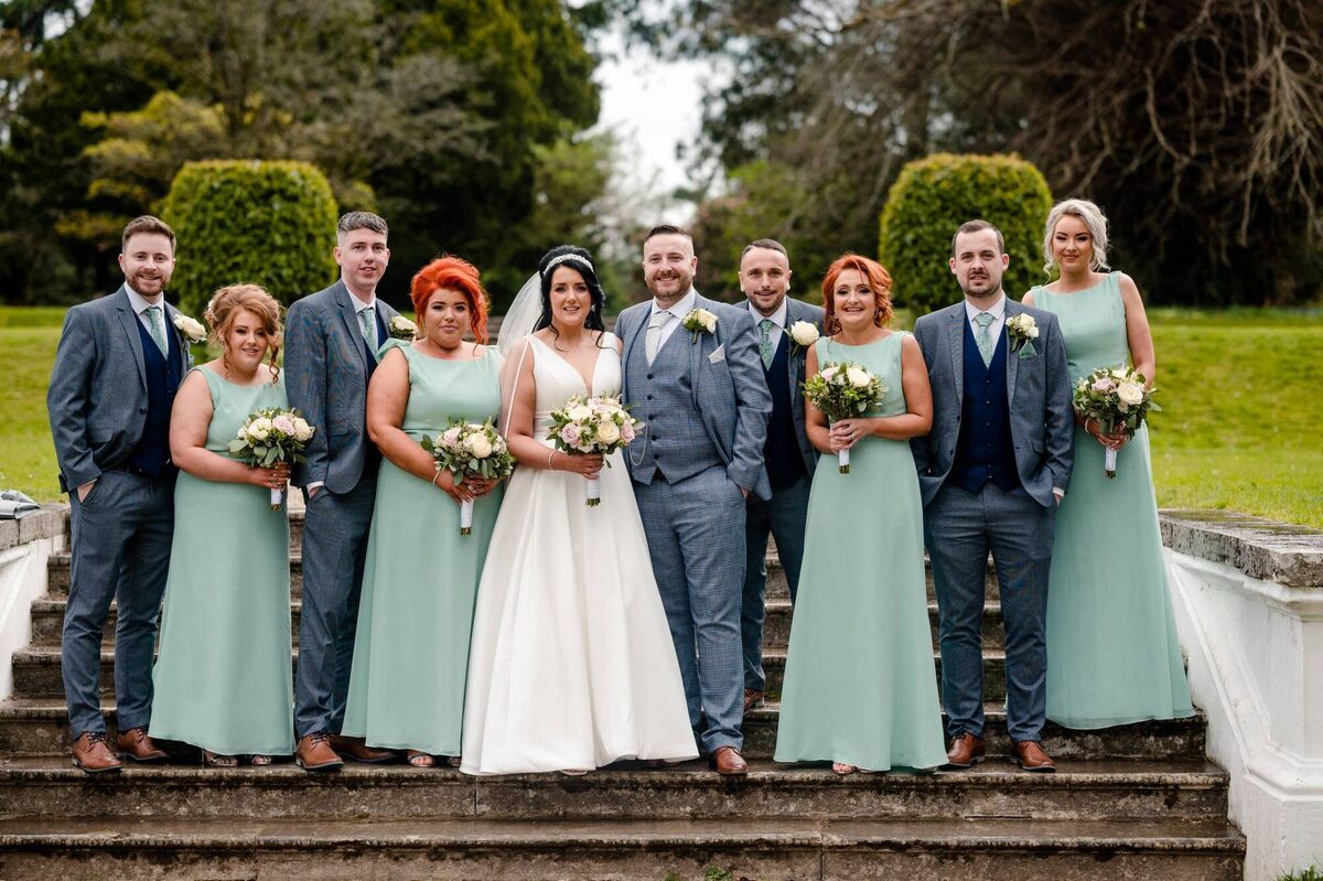 The happy couple with their wedding party, at Fota House, where they stopped for some photographs en route to the wedding reception at the Clayton Hotel.