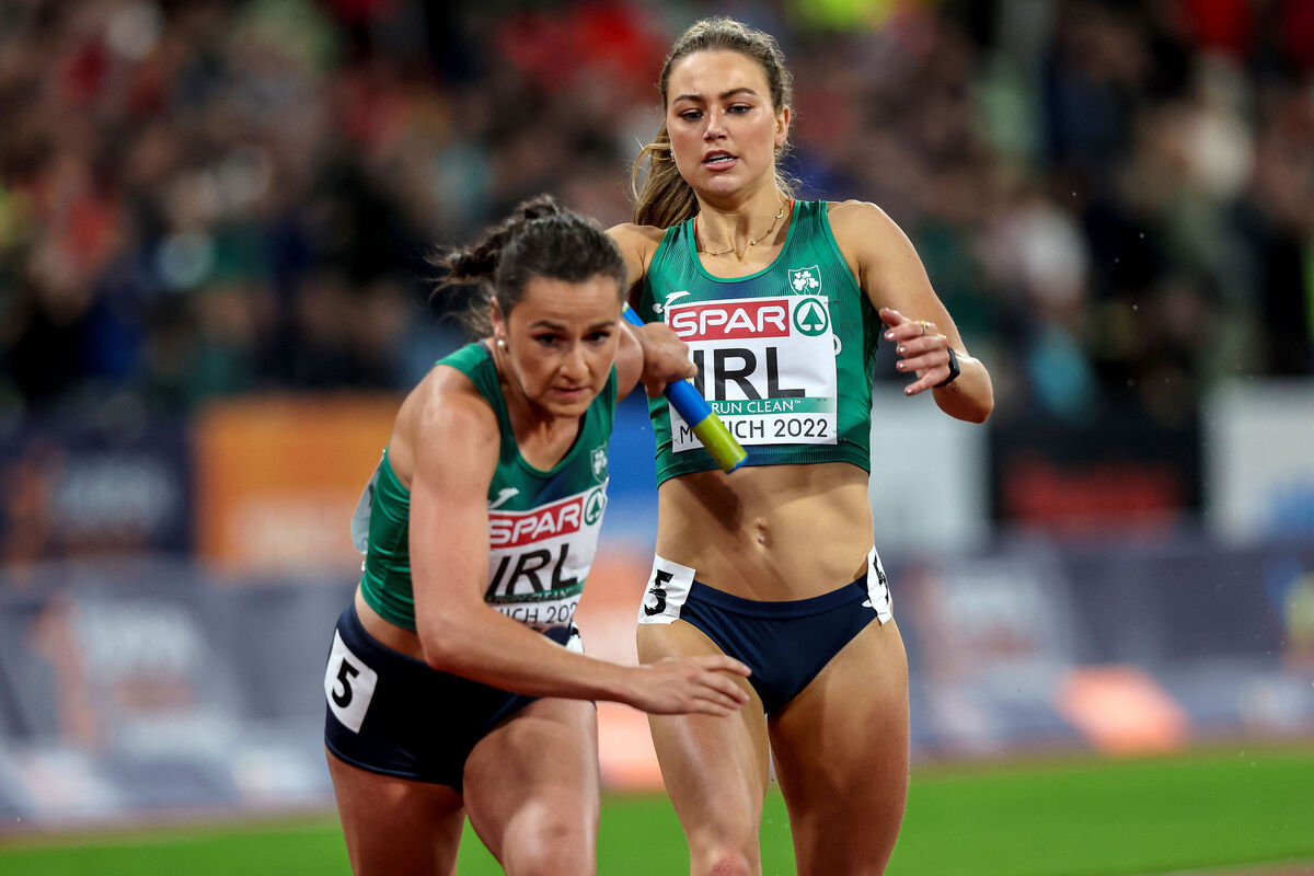 Ireland’s Sophie Becker hands off to Phil Healy in the relay final. Picture: INPHO/Morgan Treacy Ireland’s Sophie Becker hands off to Phil Healy in the relay final. Picture: INPHO/Morgan Treacy