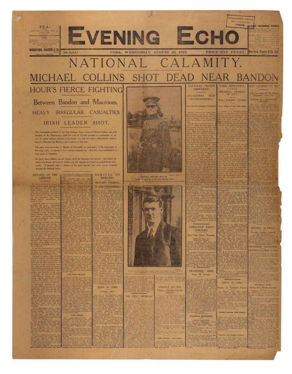 The front page of the Evening Echo, which went to press early on the morning of the 23 of August 1922 to break the news of Michael Collins's death. (Picture courtesy of Cork Public Museum, Fitzgerald's Park.)