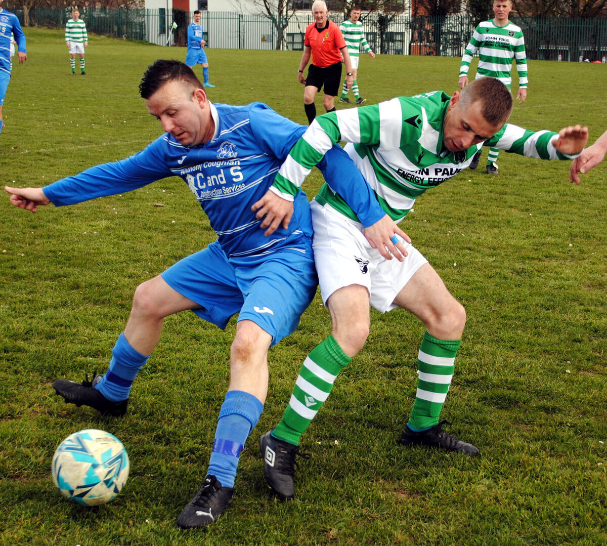 Grattan's Mark O'Sullivan works hard to shield possession fron Glenthorn's Jason Higgins in the action at Glenthorn Park last season. Picture: Barry Peelo.