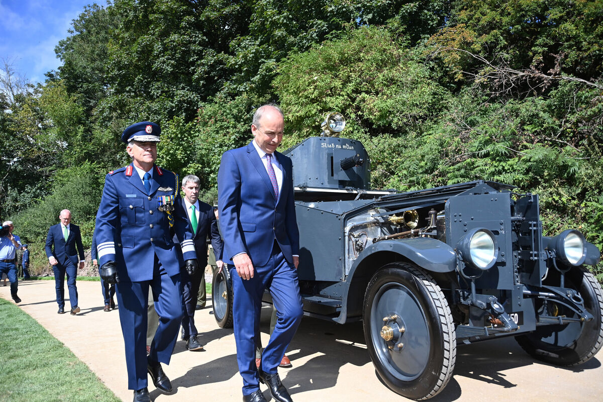 Taoiseach Micheál Martin, leader of Fianna Fáil, passing the armoured car Sliabh na mBan which was part of the Michael Collins convoy, as he arrives for the commemoration of the centenary of the death of Michael Collins at Béal na Bláth yesterday. Pictures: Larry Cummins
Taoiseach Micheál Martin, leader of Fianna Fáil, passing the armoured car Sliabh na mBan which was part of the Michael Collins convoy, as he arrives for the commemoration of the centenary of the death of Michael Collins at Béal na Bláth yesterday. Pictures: Larry Cummins