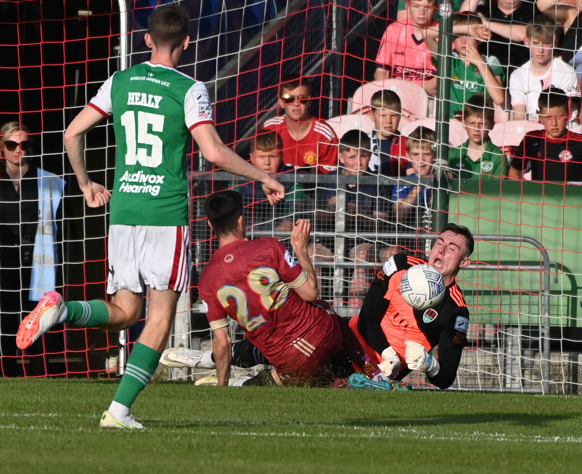 Cork City's goalkeeper David Harrington saves from Galway United's Rob Manley during the SSE Airtricity first division game at Turner's Cross. Picture; Eddie O'Hare