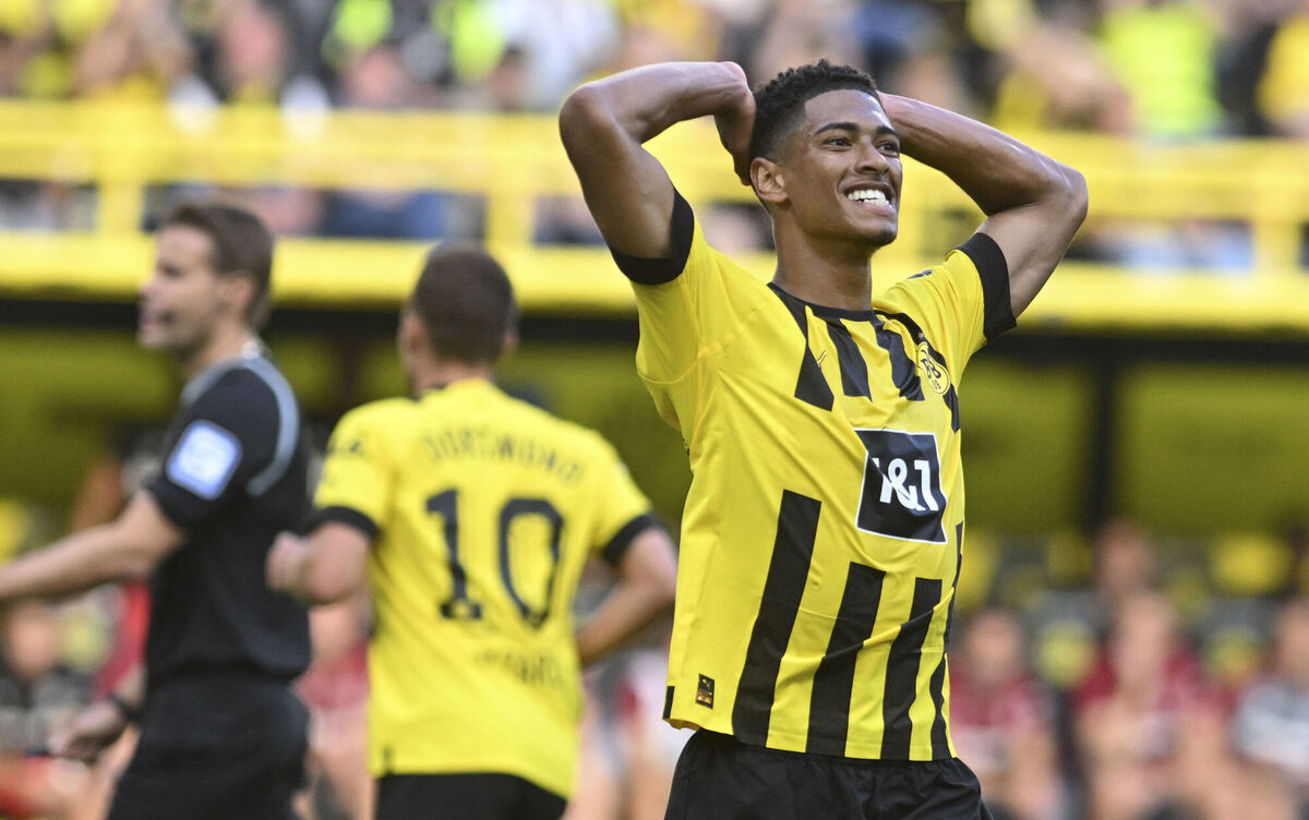 Dortmund's Jude Bellingham reacts during a Bundesliga soccer match against Bayer Leverkusen. The English midfielder is rumoured to be the target of Liverpool and Real Madrid. Picture: Bernd Thissen/dpa via AP