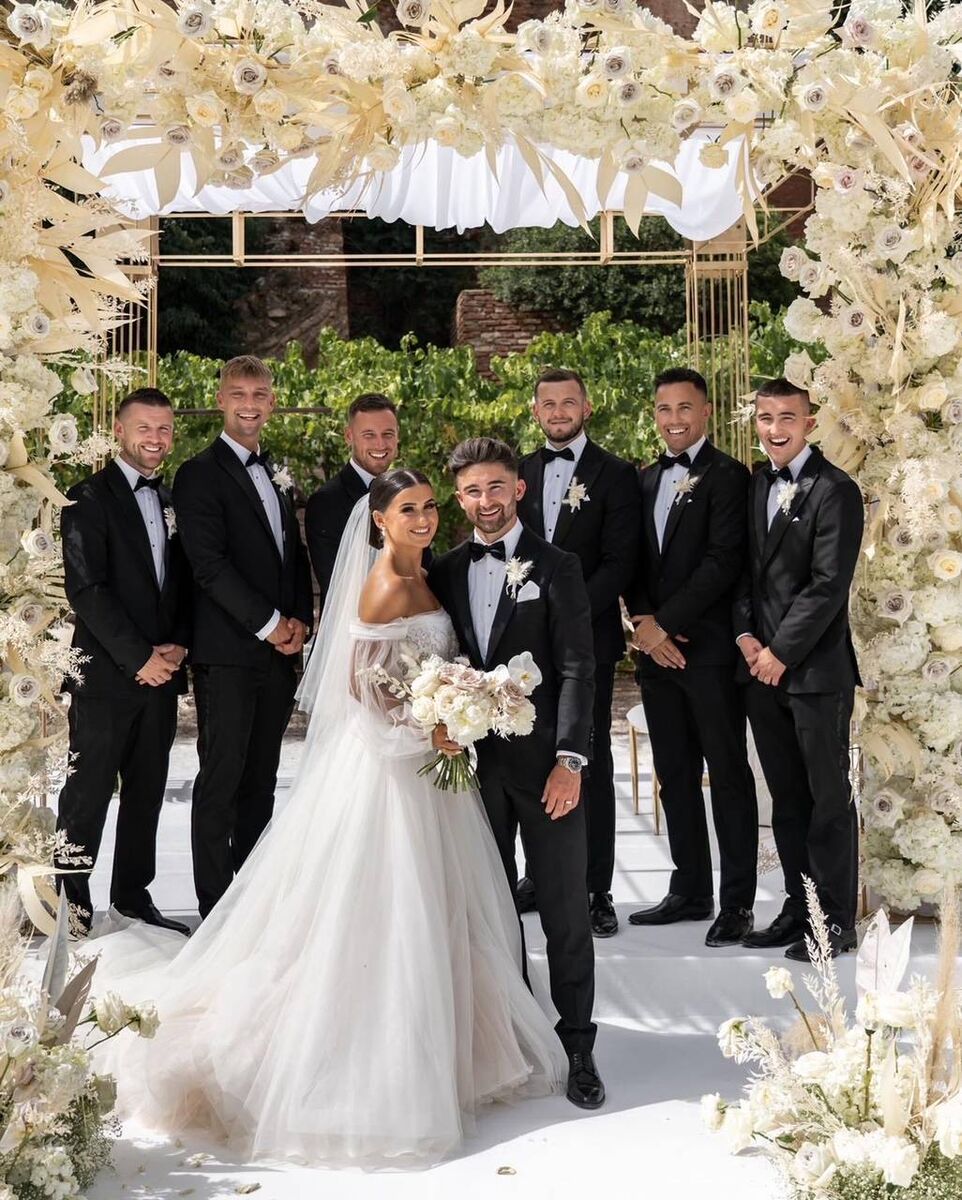 BY HIS SIDE: Sean’s brother Ryan Maguire, football friends Pierce Sweeney, John O’Sullivan and Steven Beattie, and his childhood friends Davie Kenny and Emmet Nugent were in his party.