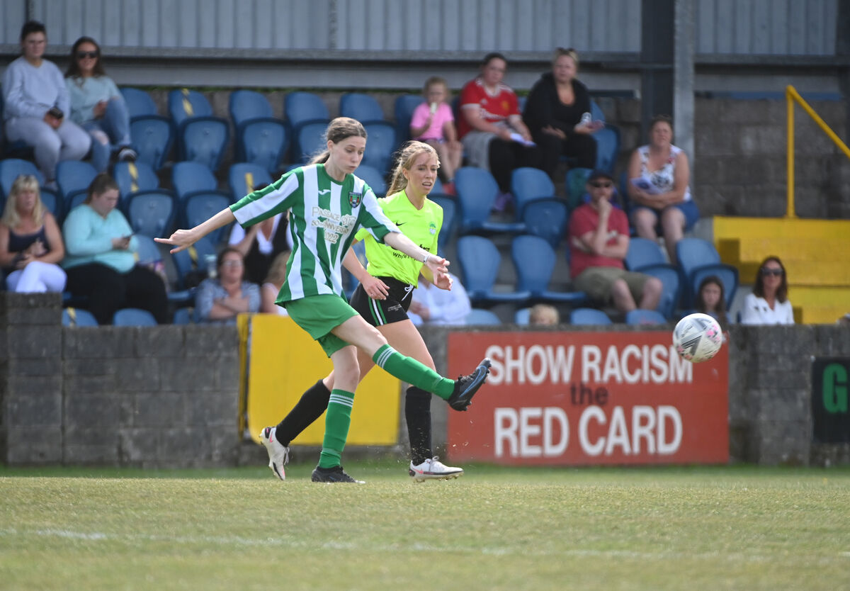 A first-half goal from Olivia Gibson gave Passage United the lead after this wonderful strike beat Greenwood goalkeeper Caroline Linss. Picture: Larry Cummins.