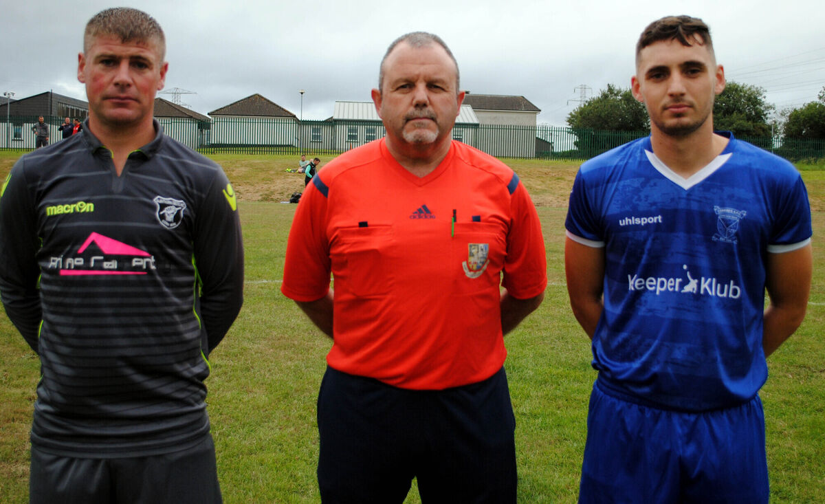 Glenthorn Celtic's captain Jason McGrath (left) with Corkbeg's Shane Bennett, accompanied by referee Paul O'Sullivan. Picture: Barry Peelo. Glenthorn Celtic's captain Jason McGrath (left) with Corkbeg's Shane Bennett, accompanied by referee Paul O'Sullivan. Picture: Barry Peelo.