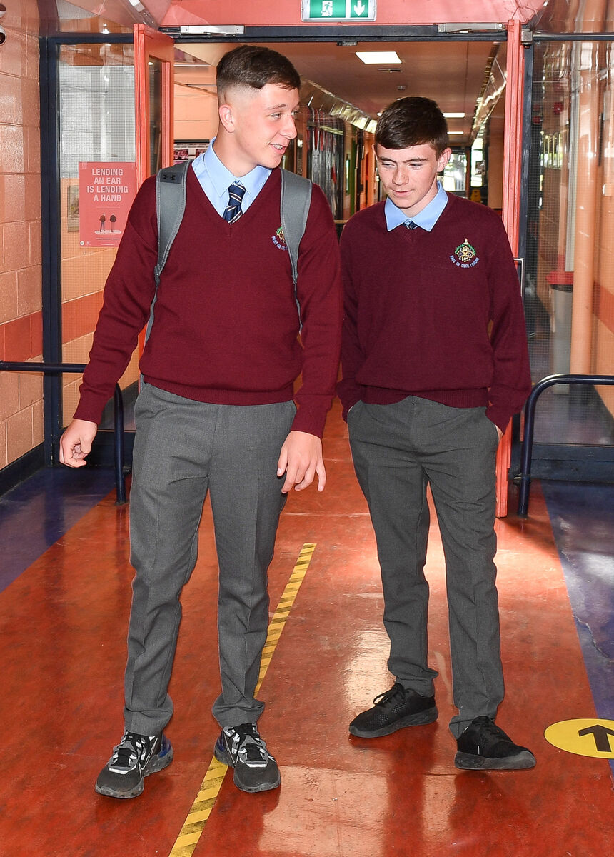  Transition-year students Anthony Crowley and James Mulligan, arriving for the return-to-school induction day at Mayfield Community School.Picture: David Keane.