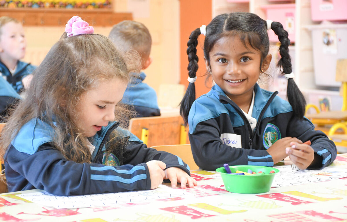 Lucy Wall and Dishani Jena pictured on their first day in junior infants class in Strawberry Hill NS.