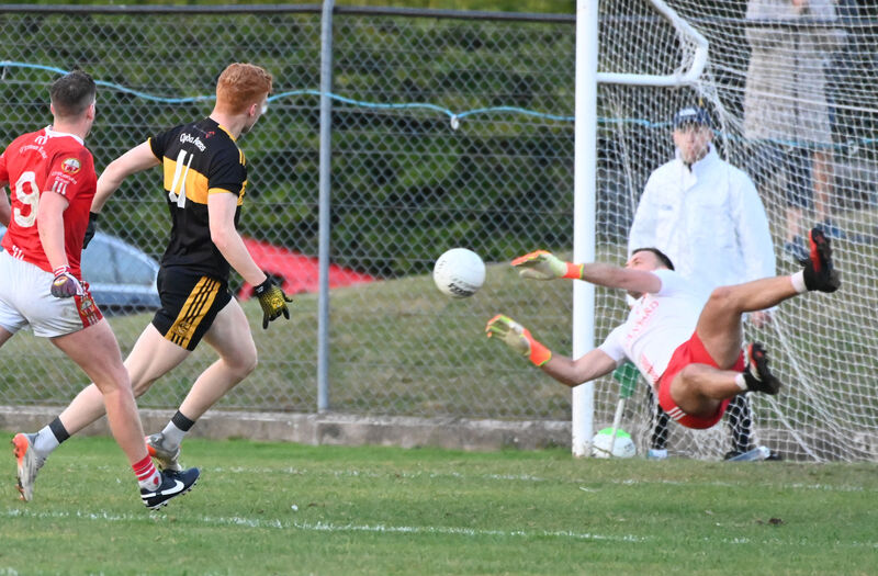Clyda Rovers' Eoin Walsh has his shot saved by O'Donovan Rossa's goalkeeper Ryan Price. Picture: Eddie O'Hare