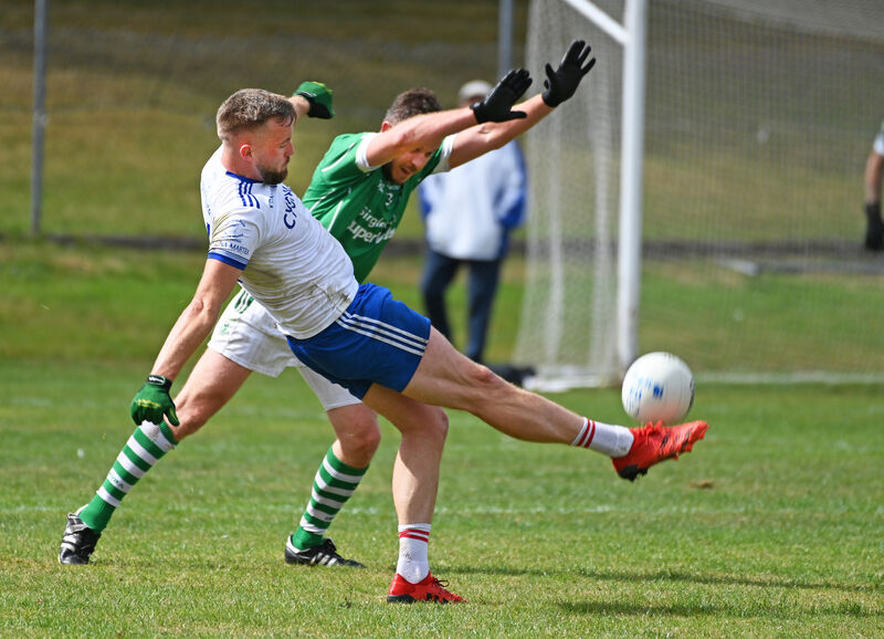 Cill Na Martra's Micheál Deasúna shoots from St Vincent's Aidan O'Callaghan during the Bon Secours PIFC at Coachford. Picture: Eddie O'Hare Cill Na Martra's Micheál Deasúna shoots from St Vincent's Aidan O'Callaghan during the Bon Secours PIFC at Coachford. Picture: Eddie O'Hare