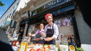 <p> English Market Cooking Demo with Orla McAndrew and her assistant Ber Howard during Cork on a Fork Festival. Picture: Joleen Cronin</p>