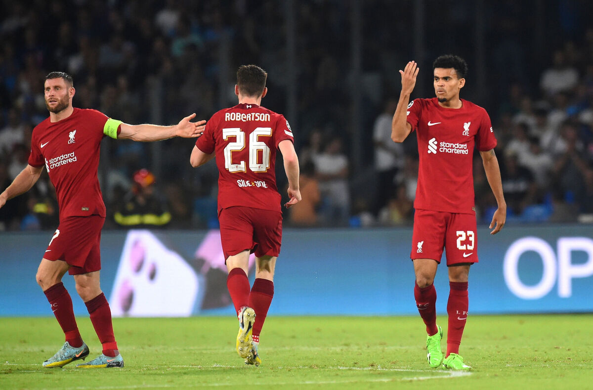 Liverpool's Luis Diaz (right) celebrates scoring the side's goal during their UEFA Champions League Group A match at the Diego Armando Maradona Stadium in Naples, Italy.  Is the fact that Diaz is new to the club explain why he was one of the few players to show promise in Wednesday night's game? Picture: Agostino Gemito/PA Wire.