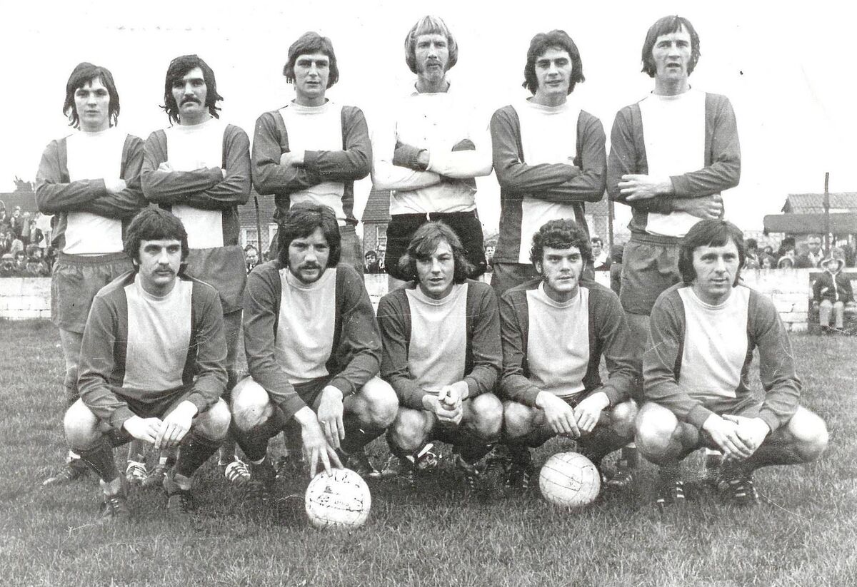 Cork Hibs team that defeated Cork Celtic 3-0 in the Munster Senior Cup final in 1973. Back: Carl Humphreys, Matthew O'Donovan, John McKenna, Declan O'Mahony, Pat Kirby, John Brohan. Front: John Lawson, Martin Sheehan, Dave Wiggington, Jerry Finnegan, Dave Kirby. 