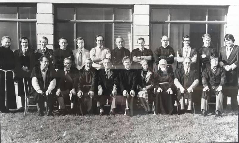 Teaching staff at St Francis College, Rochestown, in 1978 when Liam Ó Murchú joined the school. Back: Fr Eolan, Adrian Groeger, Liam Ó Murchú, Fr Danjoe, Oliver Mills, Matt O’Dea, Fr Donatus, Jim Morey, Fr Roderick, Colin Cullen, Br Edward, Joe Coughlan. Front: Padraig Lane, Richard O’Neill, Fr Aengus, James Kelleher, vice-principal; Fr Peter, principal; Margaret O’Callaghan, Fr Gilbert, Jack Barrett and Tom O’Flaherty.