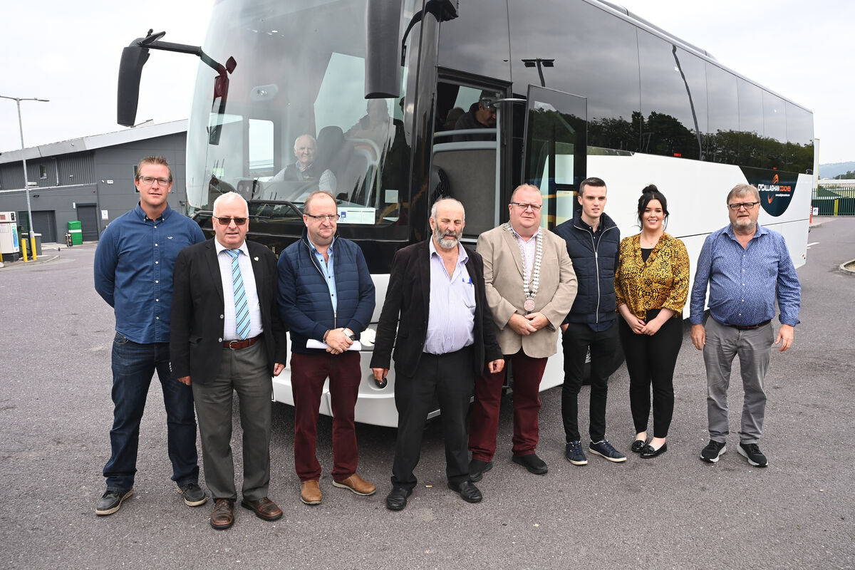 Seeing off the patients are (from left) Peter O'Donoghue, Mattie McGrath, TD, Michael Collins, TD and Danny Healy-Rae, TD; Cllr Danny Collins, Mayor of the County of Cork, Cllr Ben Dalton, Niamh Moloney of Kings Bridge Private Hospital and John Collins. Pic Larry Cummins