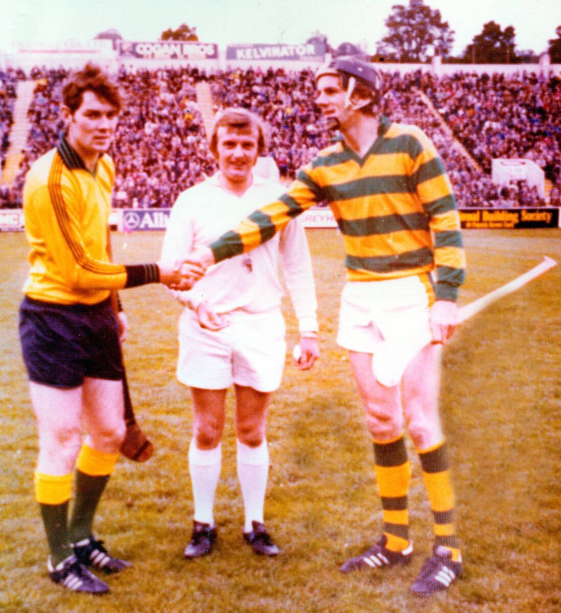 Referee Willie Horgan with Pat Barry (Glen) and Ray Cummins (Blackrock) prior to 1976 county final.