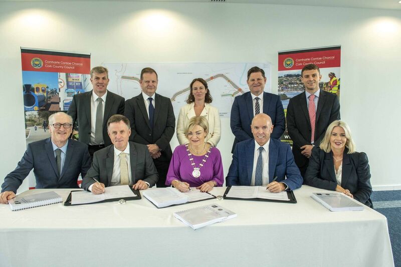Brian Cunningham, BAM Civil Director; John Lucey, BAM Civil Regional Managing Director; Deputy Mayor of the County of Cork, Cllr Deirdre O’Brien; Chief Executive of Cork County Council, Tim Lucey and Valerie O'Sullivan, Divisional Manager South Cork County Council. Back, from left: Donald Cronin, Cork County Council; Richard Neuling, Technical Director Atkins Ireland; Mairead Kennedy, Cork County Council; Director of Services Planning, Michael Lynch, Cork County Council and Michael Purdon, Cork County Council pictured at the Water-Rock LIHAF Initiative Infrastructure Works contract signing which took place at Cork County Hall.