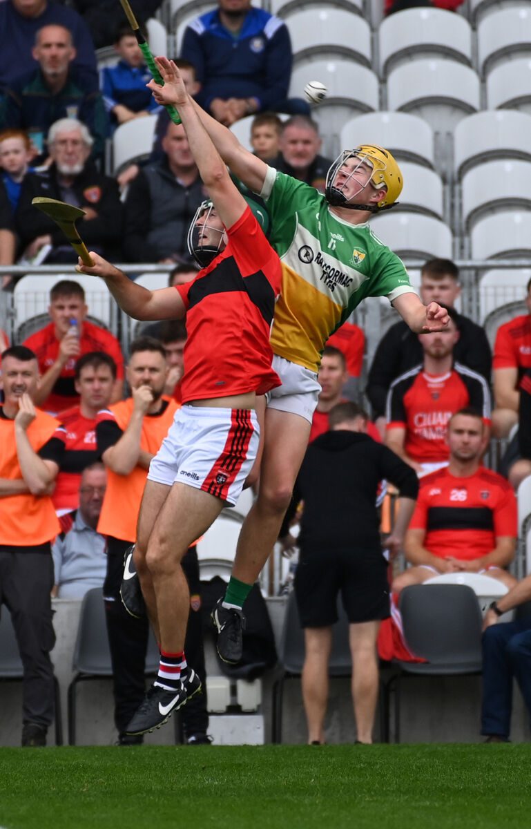 Cloyne's Ashley Walsh and Bride Rovers' Ronan O'Connell go high for the sliotar. Picture: Eddie O'Hare