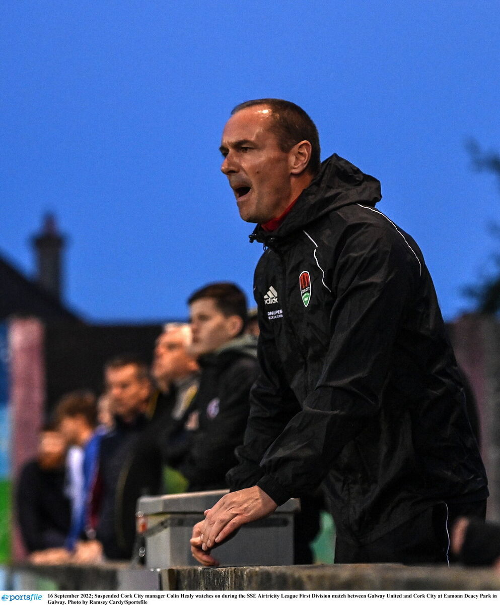 Suspended Cork City manager Colin Healy watches on. Picture: Ramsey Cardy/Sportsfile