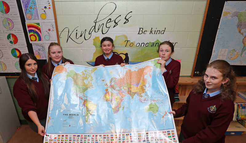 Current students waiting for the guided school tours in the Geography room - Sophie O'Flynn, Megan Walsh, Olivia Meade, Ciara Curtin and Ava O'Donovan. Picture: Jim Coughlan. Current students waiting for the guided school tours in the Geography room - Sophie O'Flynn, Megan Walsh, Olivia Meade, Ciara Curtin and Ava O'Donovan. Picture: Jim Coughlan.
