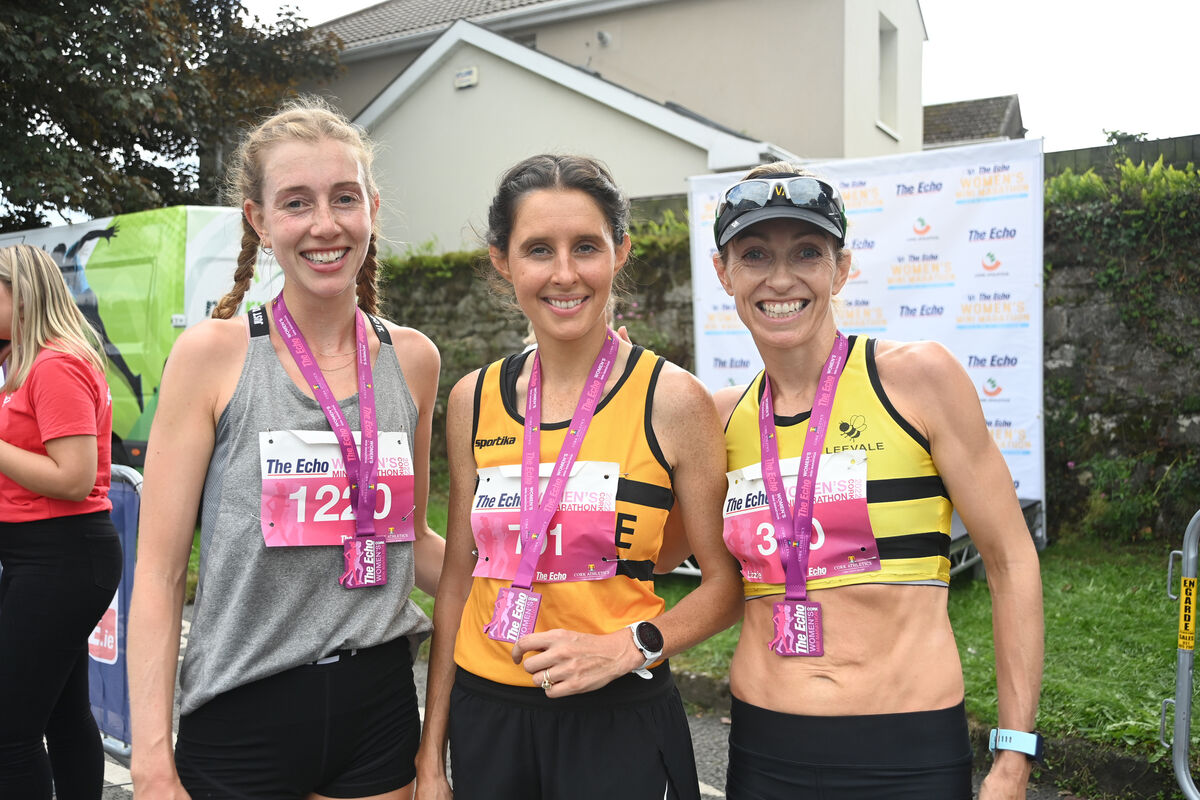 (middle) Race winner Sinead O'Connor of Leevale AC who set a new course record, with (left) third-placed Hannah Steeds, from Bantry; and (right) second placed Lizzie Lee of Leevale at the finish line medal presentation for The Echo Women's Mini-Marathon on Sundy 18th September 2022. Pic: Larry Cummins (middle) Race winner Sinead O'Connor of Leevale AC who set a new course record, with (left) third-placed Hannah Steeds, from Bantry; and (right) second placed Lizzie Lee of Leevale at the finish line medal presentation for The Echo Women's Mini-Marathon on Sundy 18th September 2022. Pic: Larry Cummins