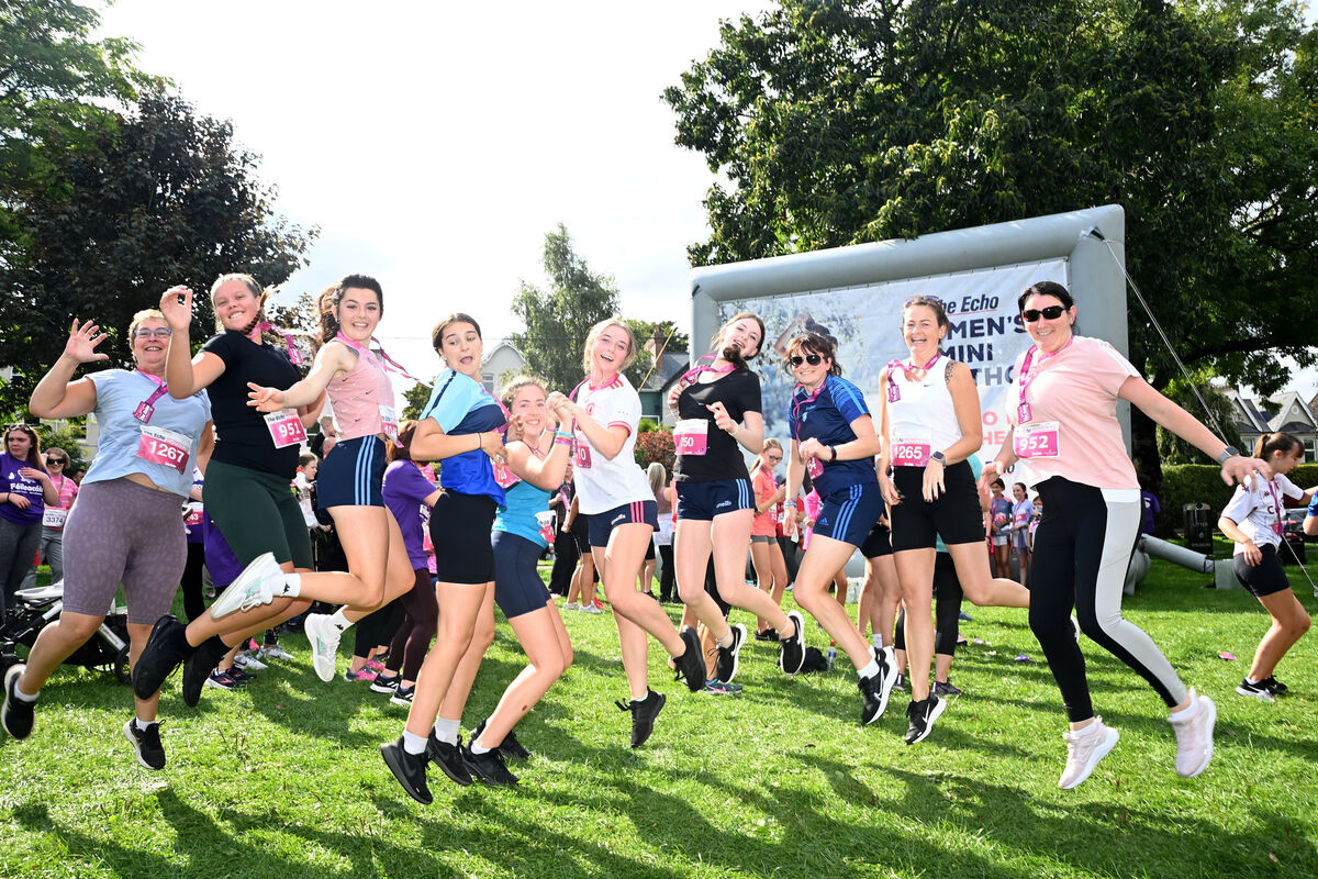 Pupils from Colaiste Pobail Bheanntrai, Bantry with parents and staff jumping for joy at the finish of The Echo Women's Mini-Marathon on Sunday 18th September 2022. Pic: Larry Cummins Pupils from Colaiste Pobail Bheanntrai, Bantry with parents and staff jumping for joy at the finish of The Echo Women's Mini-Marathon on Sunday 18th September 2022. Pic: Larry Cummins