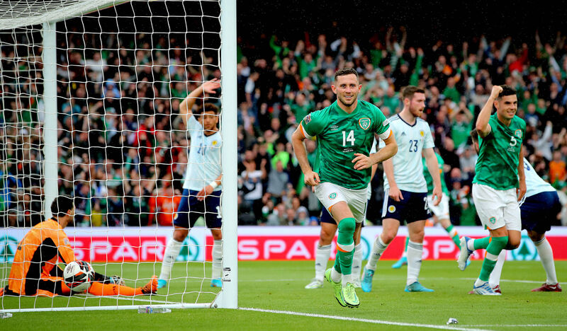 Ireland’s Alan Browne celebrates scoring the first goal of the game against Scotland.  Picture: INPHO/Ryan Byrne