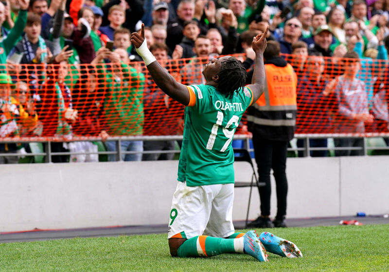 Ireland's Michael Obafemi celebrates scoring the side's third goal during their Nations League match at the Aviva Stadium, Dublin.