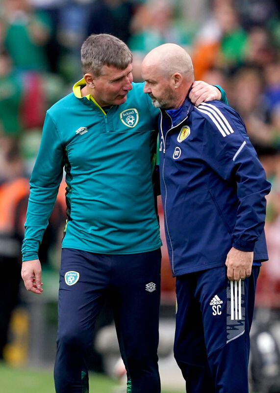 Republic of Ireland manager Stephen Kenny and Scotland's manager Steve Clarke at the end of the match during the UEFA Nations League match at the Aviva Stadium, Dublin. back on June 11, 