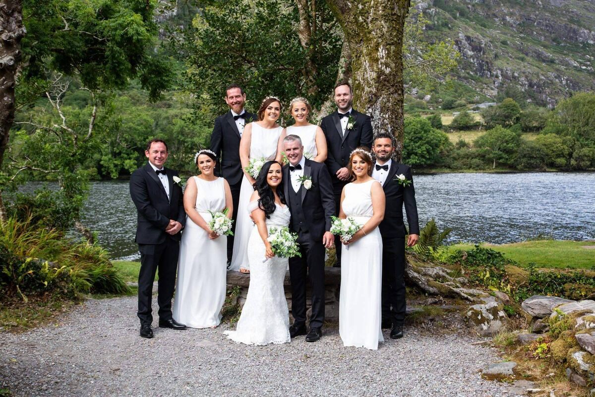 The bride and groom with their wedding party.