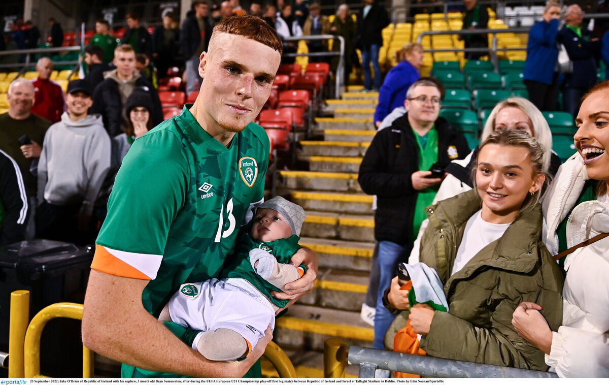 Jake O'Brien with his nephew, three-month-old Beau Summerton, after the UEFA European U21 Championship play-off. Picture: Eóin Noonan/Sportsfile