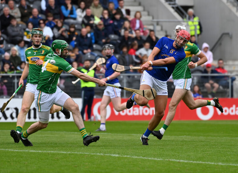 St Finbarr's Brian Hayes hammers home his goal past Newtownshandrum's Mattie Ryan during the Co-Op Superstores Premier SHC semi-final at Páirc Uí Chaoimh. Picture: Eddie O'Hare