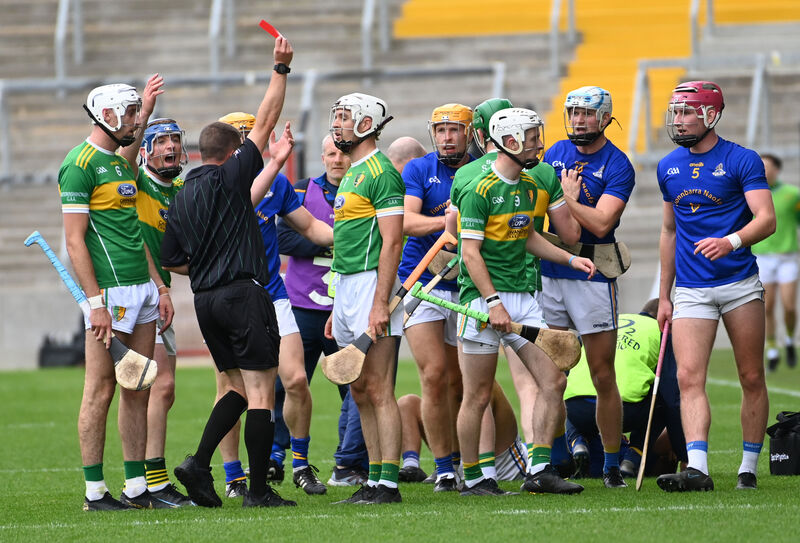 Newtownshandrum's Conor Twomey gets a straight red card from referee Colm Lyons. Picture: Eddie O'Hare
