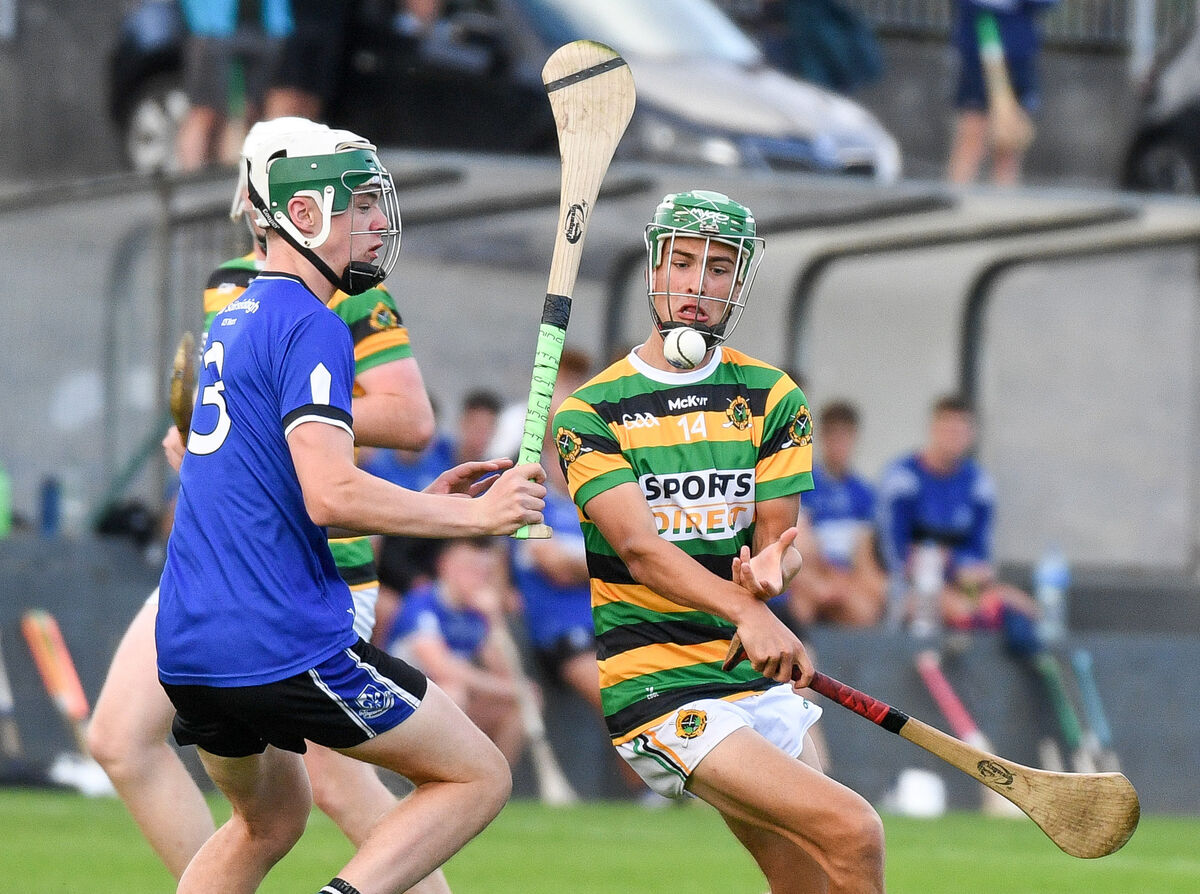 Sarsfields' Josh McMahon battles with Glen Rovers' Diarmuid Wall, during their Rebel Óg P1 Minor Hurling Championship clash at Riverstown. Picture: David Keane.