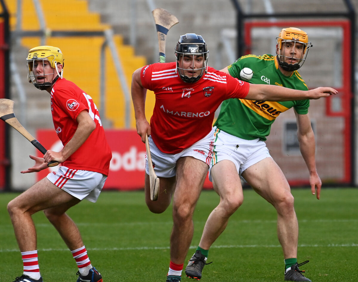 Castlemartyr's Joe Stack and Castlelyon's Leo Sexton tussle for possession. Picture: Eddie O'Hare