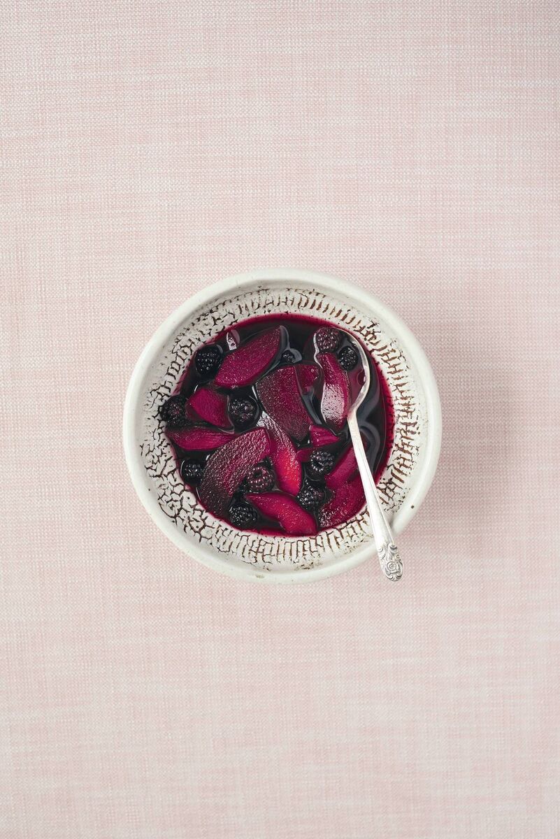 Compote of Apple Wild Blackberry and Sweet Geranium from 'Ballymaloe Desserts' by JR Ryall. Picture: Cliodhna Prendergast.
