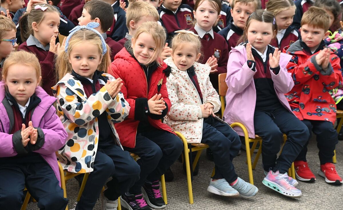 Pupils enjoying the launch of Conor Nolan's debut single, On my holiday, at Scoil Mhuire Naofa, Carrigtwohill, which won the school's song writing competition 2022 when he was in sixth class. Picture Denis Minihane.