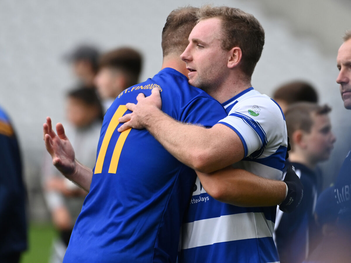 Castlehaven's Michael Hurley congratulates St Finbarr's Steven Sherlock. Picture: Eddie O'Hare Castlehaven's Michael Hurley congratulates St Finbarr's Steven Sherlock. Picture: Eddie O'Hare