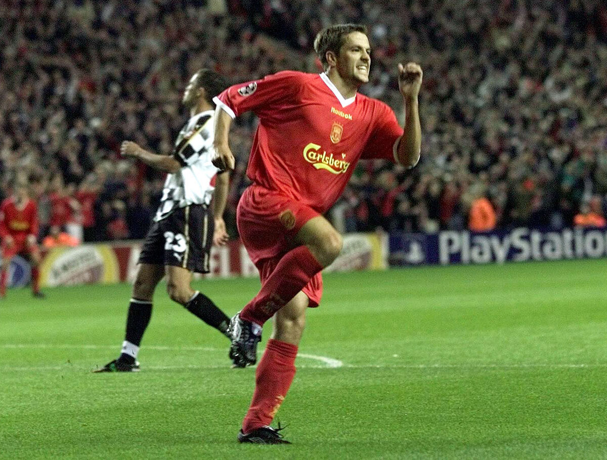 Liverpool's Michael Owen celebrates scoring ta Champions League goal against  Boavista back in  2001. Erling Haaland has surpassed his record as the quickest to reach three Premier League hat-tricks.