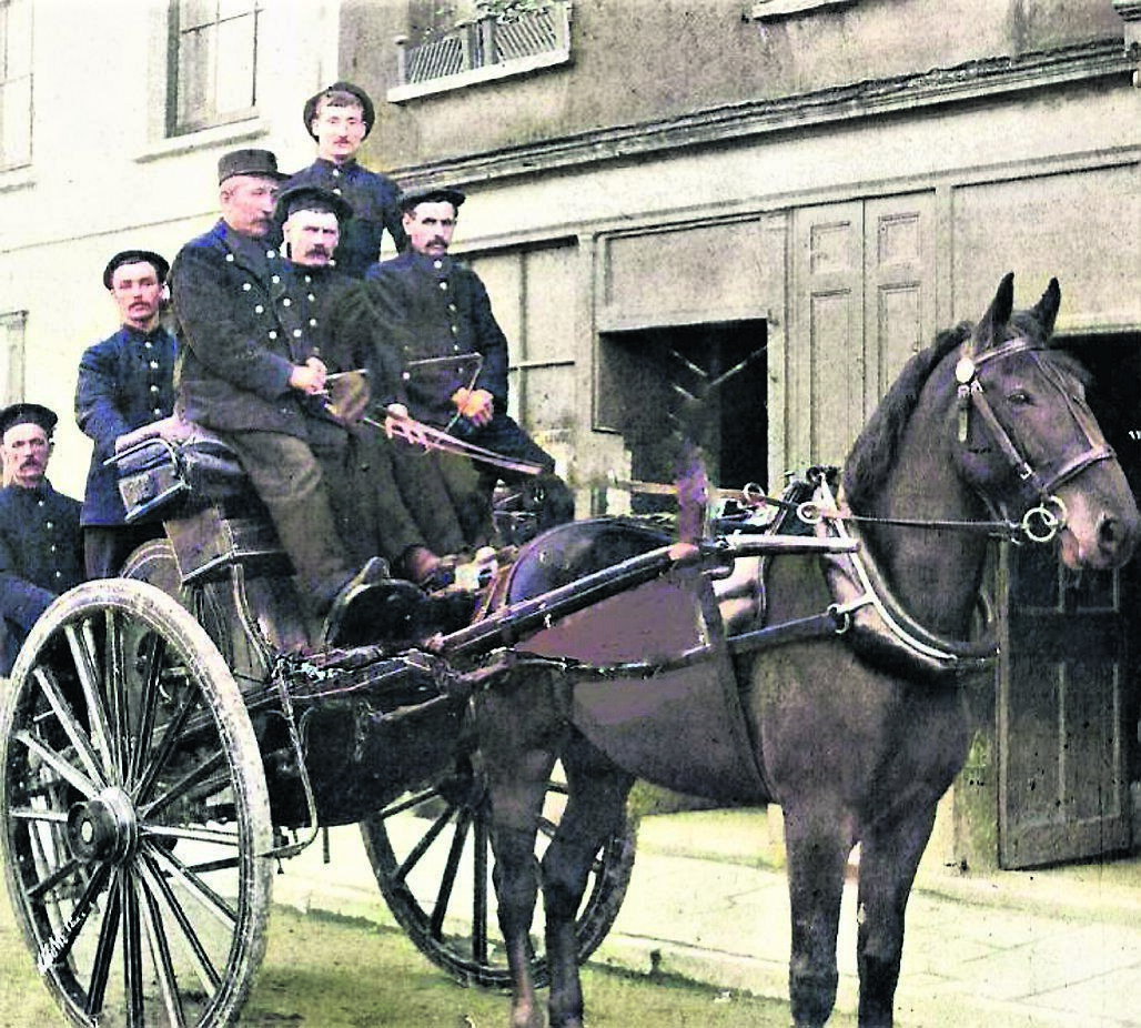 A ‘Horsed Hose Reel’ in the early 20th century. BELOW: Horse drawn trams in Grand Parade, Cork in 1872, two years before the blaze there that sparked the formation of a new Cork Fire Brigade