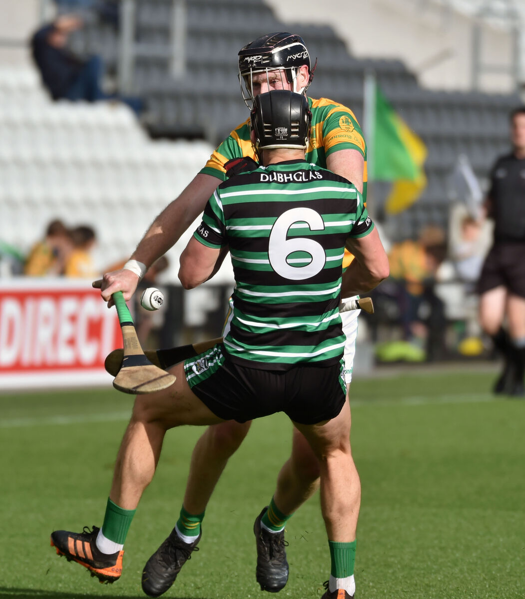 Blackrock's Shane O'Keeffe runs into Douglas' Mark Harrington just before the first goal in the quarter-final. Picture: Eddie O'Hare