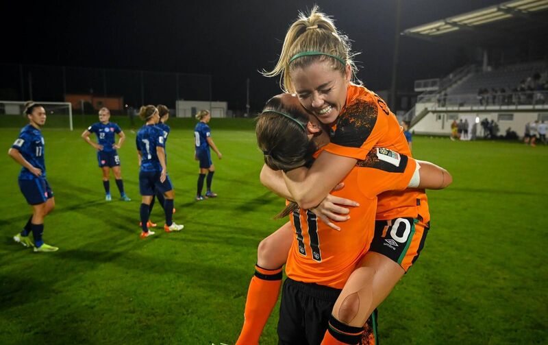 Ireland's Denise O'Sullivan and Katie McCabe celebrate after their  Women's World Cup qualifier against Slovakia. The Corkwoman provided the vital assist for the winner against Scotland. Picture: Stephen McCarthy/Sportsfile
