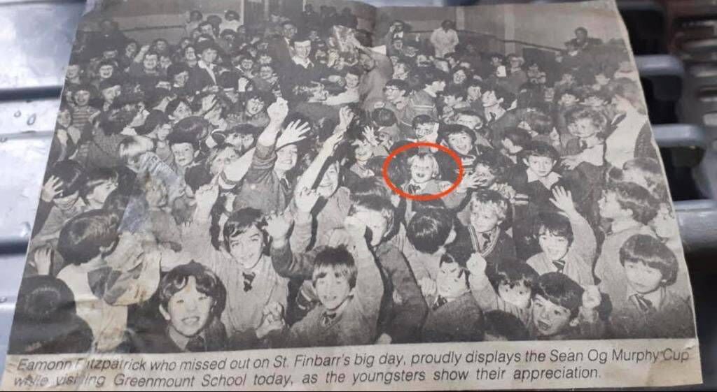 Mick Martin (circled) at Greenmount School following St Finbarrs' win in 1982 when Eamon Fitzpatrick visited the school with the Sean Og Murphy Cup.