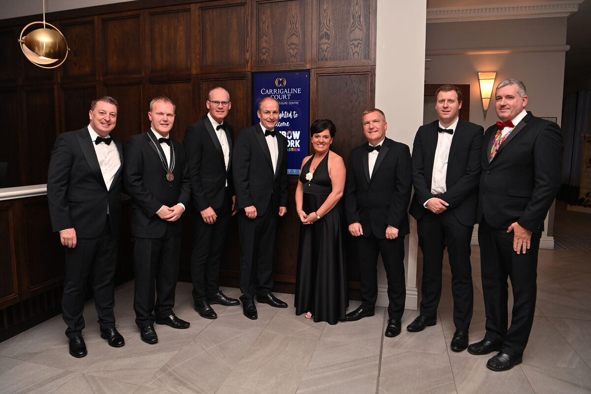  At the 10th anniversary celebration of the annual Masquerade Ball in aid of Rainbow Club Cork Centre for Autism at the Carrigaline Court Hotel, Cork. Included are from left Peter Collins, MD, Carrigaline Court Hotel, Seamus McGrath the Deputy County Mayor, Simon Coveney TD, Minister for Foreign Affairs &amp; Minister for Defence, An Taoiseach Micheál Martin TD, Karen O'Mahony, Rainbow founder, Michael McGrath TD, Minister for Public Expenditure and Reform, Padraig O'Sullivan TD and Jon O'Mahony, founder Rainbow.