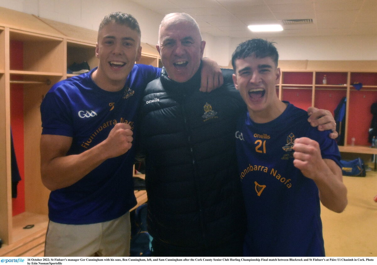 St Finbarr's manager Ger Cunningham with his sons, Ben and Sam after ending the club's hurling famine. Picture: Eóin Noonan/Sportsfile
