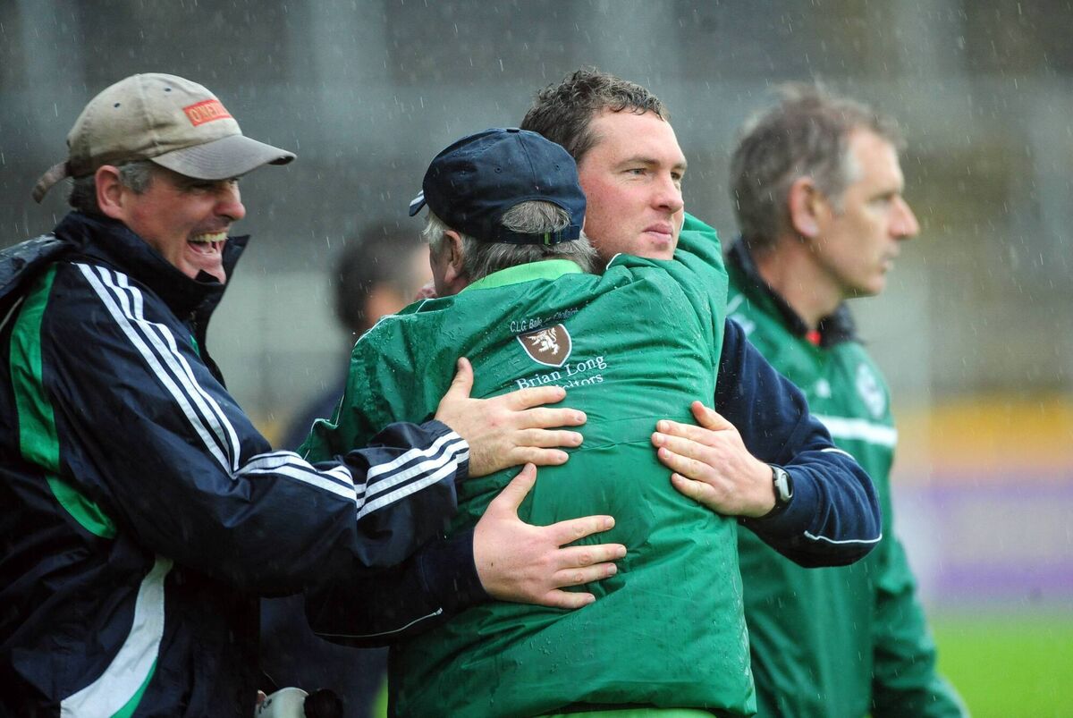 Ballincollig manager Michael O'Brien celebrates with the late Eric Philpott after beating Nemo. Picture: Eddie O'Hare Ballincollig manager Michael O'Brien celebrates with the late Eric Philpott after beating Nemo. Picture: Eddie O'Hare